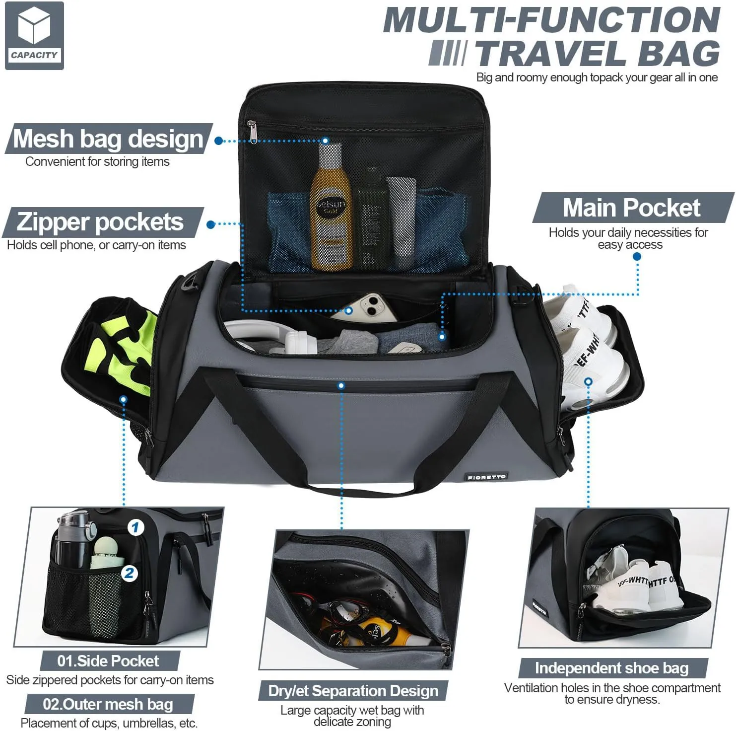 FIORETTO 43L Mens Sports Gym Bag with Wet Pocket & Shoe Compartment, Travel Duffle Bag Overnight Bag with Padded Shoulder Strap, Holdall for Swimming, Basketball, Football Grey