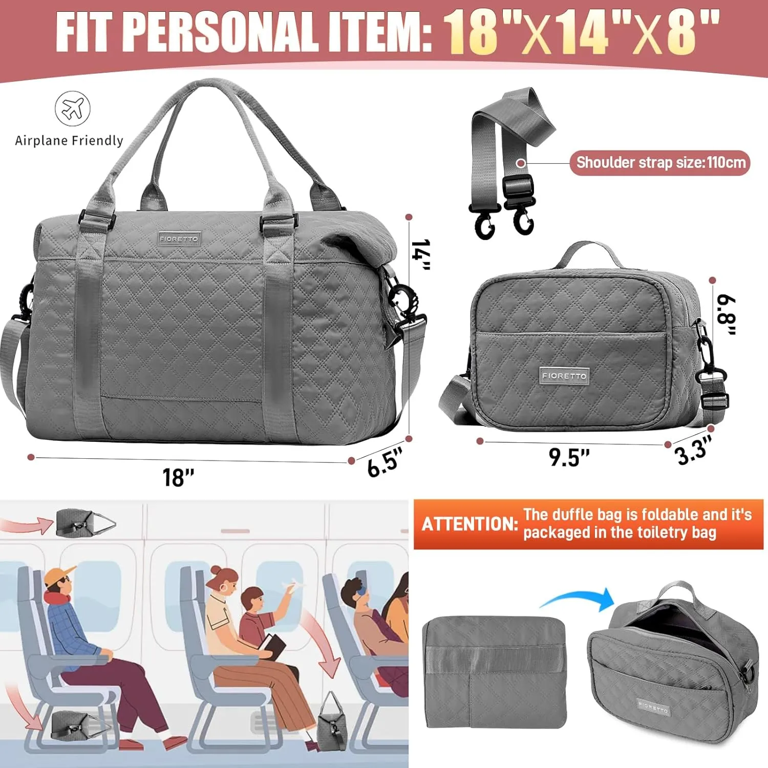 FIORETTO Women's Gym Duffle Bag with Shoes Compartment, 37L Capacity, Ideal for Travel, Gym, Sports, Duffel, Weekender