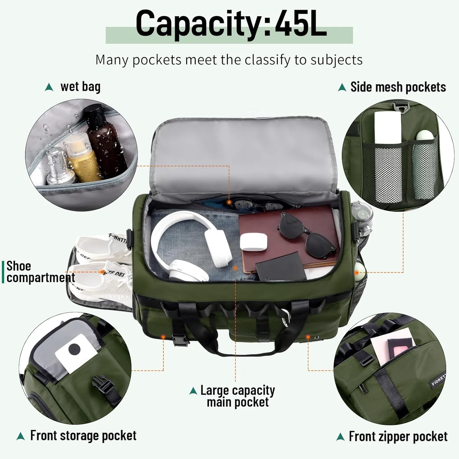 FIORETTO Women's Gym Duffle Bag with Shoes Compartment, 37L Capacity, Ideal for Travel, Gym, Sports, Duffel, Weekender