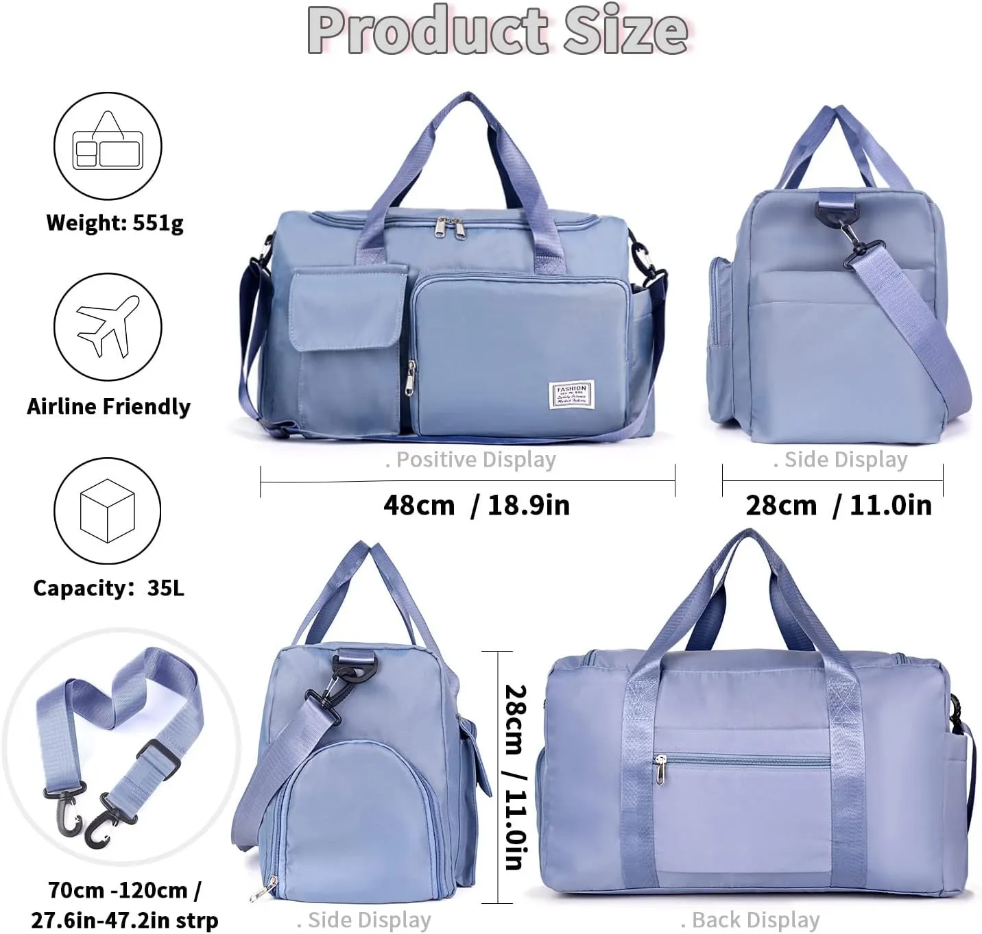 FIORETTO Women's Gym Duffle Bag with Shoes Compartment, 37L Capacity, Ideal for Travel, Gym, Sports, Duffel, Weekender