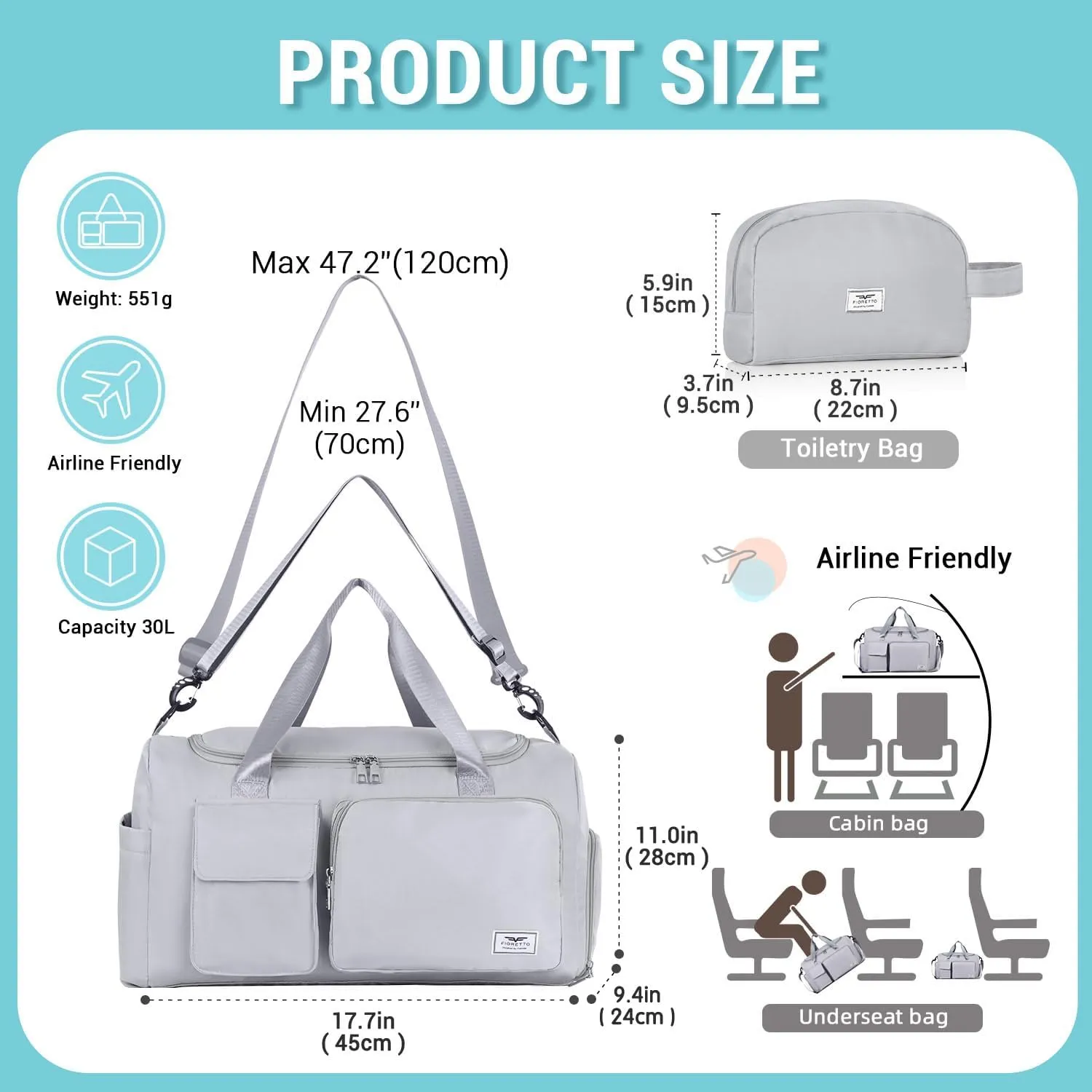 FIORETTO Women's Gym Duffle Bag with Shoes Compartment, 37L Capacity, Ideal for Travel, Gym, Sports, Duffel, Weekender