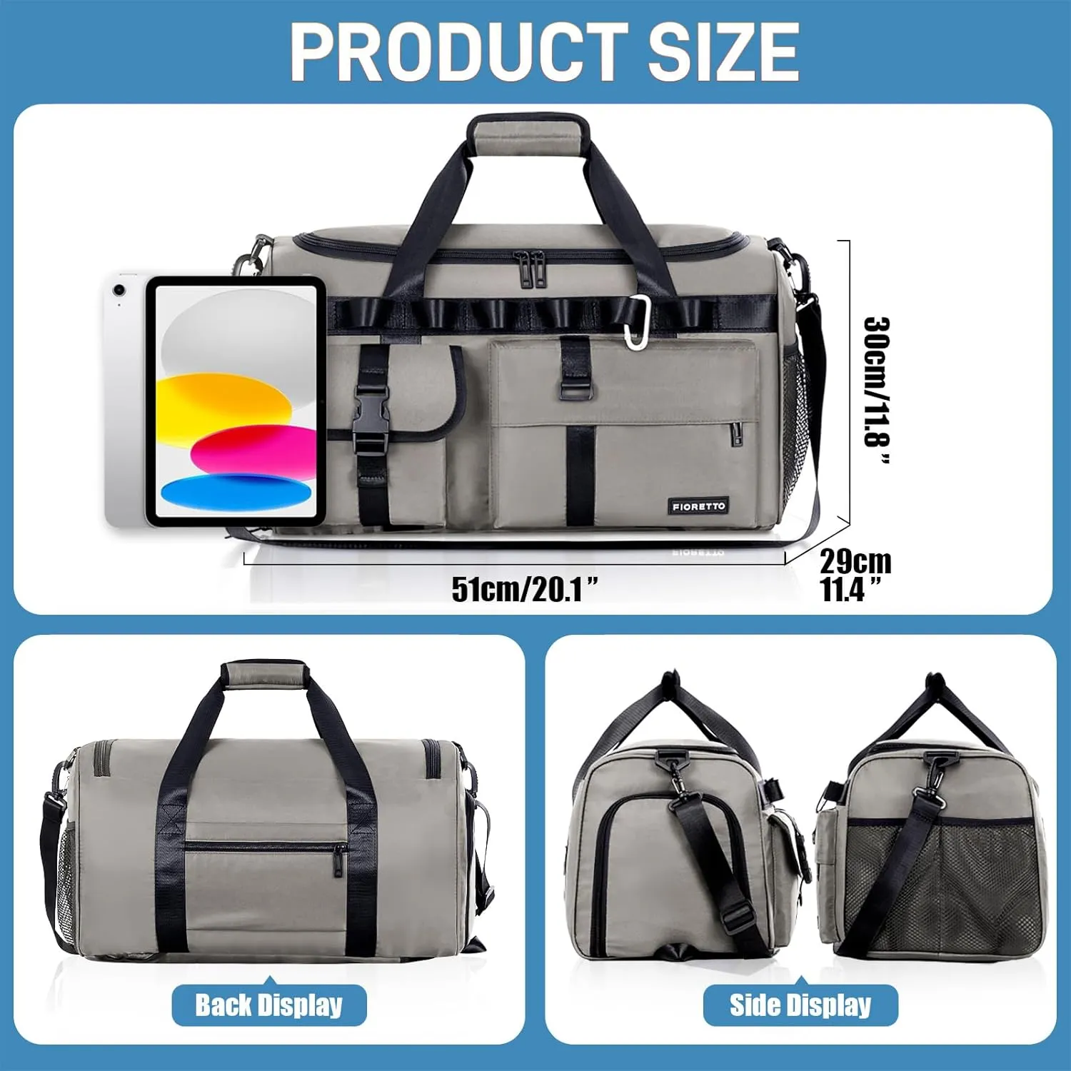 FIORETTO Women's Gym Duffle Bag with Shoes Compartment, 37L Capacity, Ideal for Travel, Gym, Sports, Duffel, Weekender
