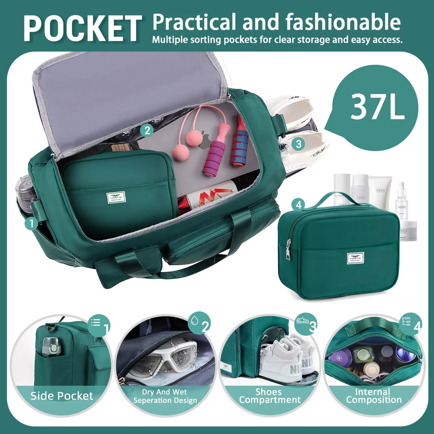 FIORETTO Women's Gym Duffle Bag with Shoes Compartment, 37L Capacity, Ideal for Travel, Gym, Sports, Duffel, Weekender