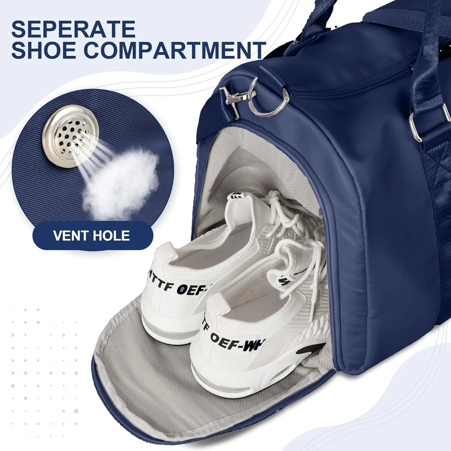 FIORETTO Womens Gym Tote Duffle Bag with Wet Pocket & Shoe Compartment, Sports Duffel Overnight Weekender Hospital Workout Carry on Bag for Girls, Ideal for Travel, Swimming, Dance, Ballet Navy Blue