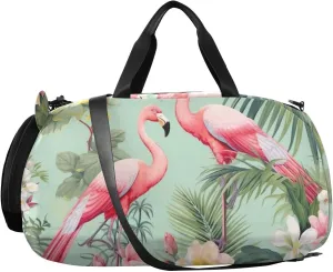 Flamingos Palm Flowers Kids Overnight Duffle Bag,Gymnastics Sports Dance Bag with Shoe Compartment & Wet Pocket, Travel Weekender Tote for Boys & Girls