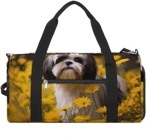 Flower Field Cute Shih Tzu Dog Duffle Bag Waterproof Gym Tote Bags Travel Overnight Bags with Shoes Compartment