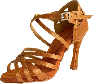 FOEBE Brown Satin Soft Leather Latin Ballroom Dance Shoes Soft Indoor 10cm High Dance Heels