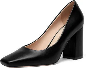 FOGEENA Womens Casual Square Toe Business Slip On Matte Leather Block High Heel Pumps Shoes 3.34 Inch