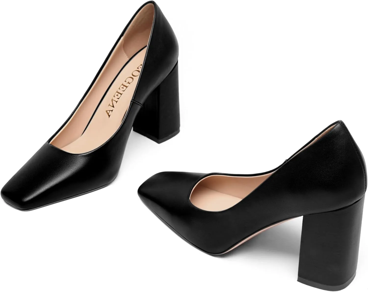 FOGEENA Womens Casual Square Toe Business Slip On Matte Leather Block High Heel Pumps Shoes 3.34 Inch