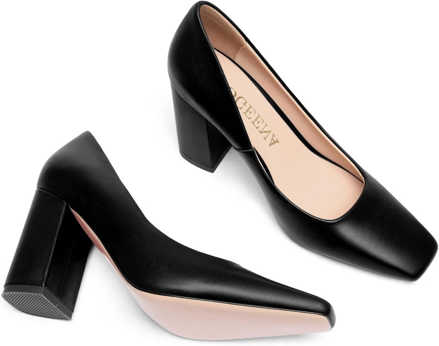 FOGEENA Womens Casual Square Toe Business Slip On Matte Leather Block High Heel Pumps Shoes 3.34 Inch