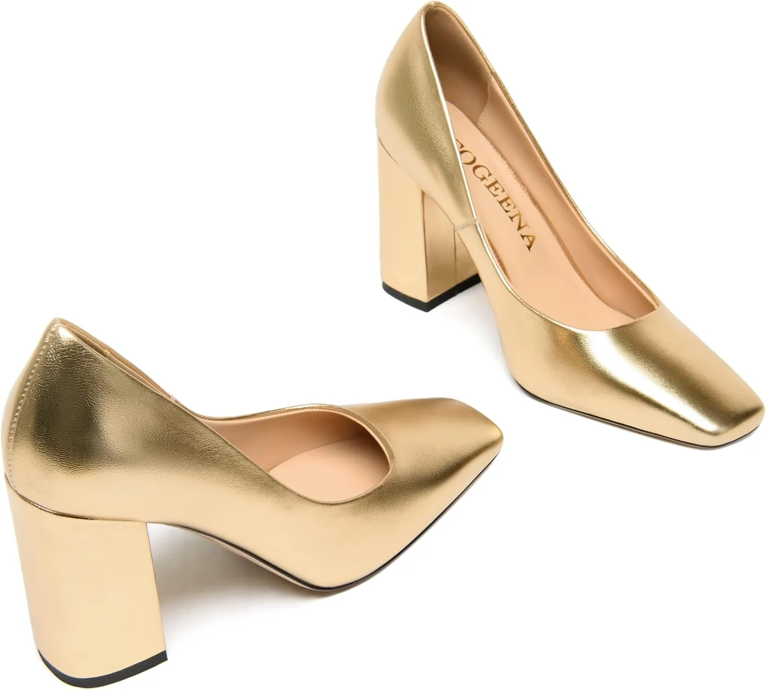 FOGEENA Womens Casual Square Toe Business Slip On Matte Leather Block High Heel Pumps Shoes 3.34 Inch