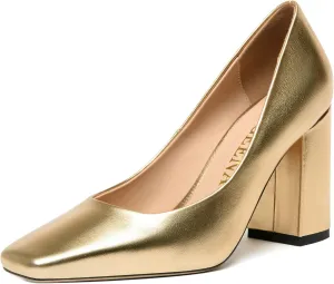 FOGEENA Womens Casual Square Toe Business Slip On Matte Leather Block High Heel Pumps Shoes 3.34 Inch
