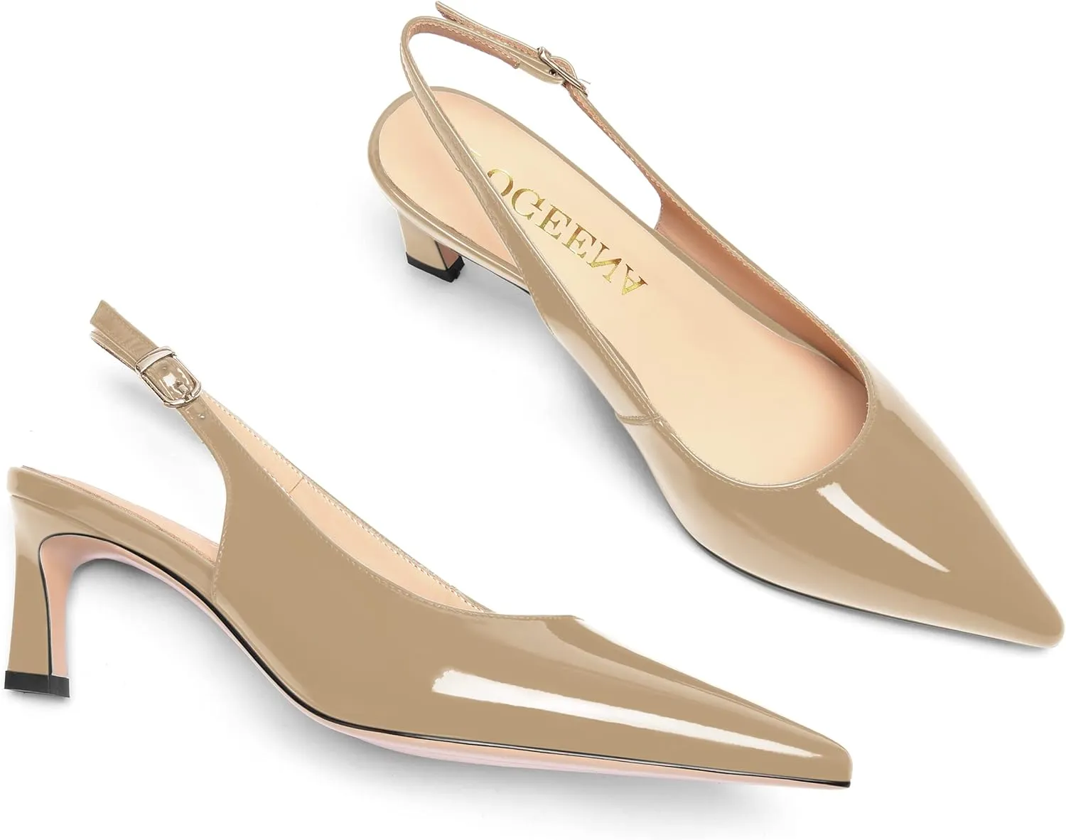 FOGEENA Womens Solid Patent Pointed Toe Dating Ankle Strap Casual Buckle Kitten Leather Low Heel Pumps Shoes 2 Inch