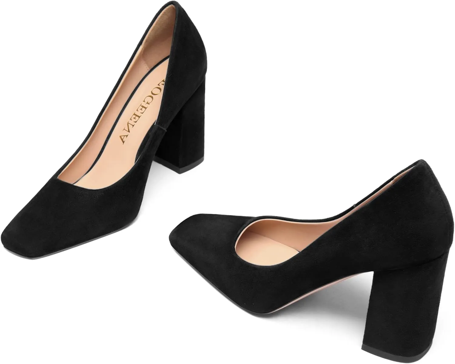 FOGEENA Womens Square Toe Suede Leather Dress Slip On Wedding Block High Heel Pumps Shoes 3.34 Inch
