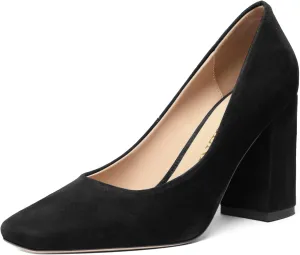 FOGEENA Womens Square Toe Suede Leather Dress Slip On Wedding Block High Heel Pumps Shoes 3.34 Inch