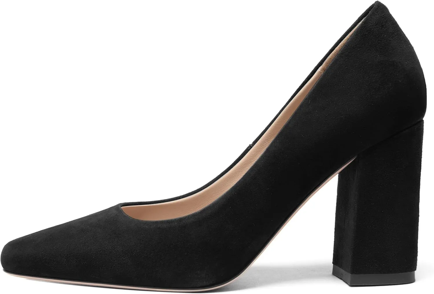FOGEENA Womens Square Toe Suede Leather Dress Slip On Wedding Block High Heel Pumps Shoes 3.34 Inch