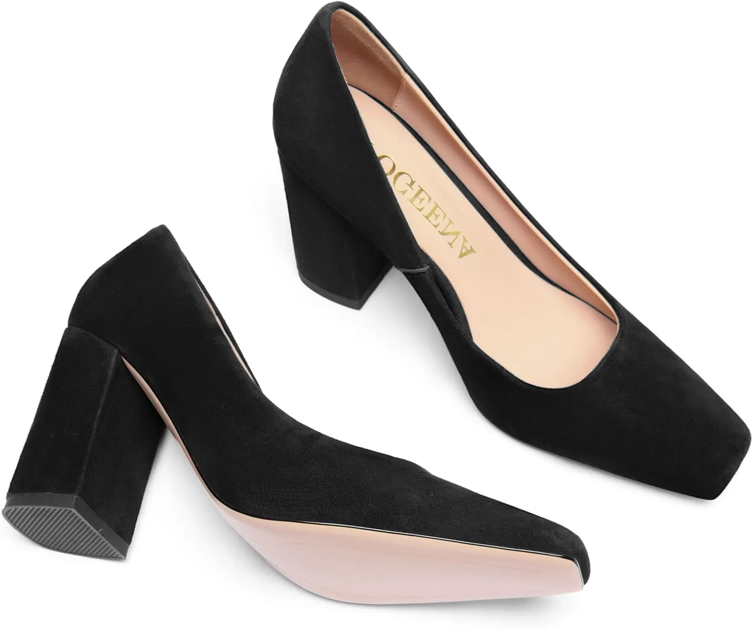 FOGEENA Womens Square Toe Suede Leather Dress Slip On Wedding Block High Heel Pumps Shoes 3.34 Inch