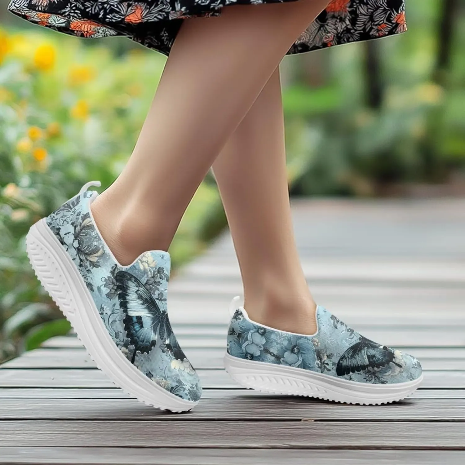 Forchrinse Womens Sneakers Slip On Wedges Shoes Comfortable Low Top Walking Shoes Breathable Thick Rocker Bottom Shoe