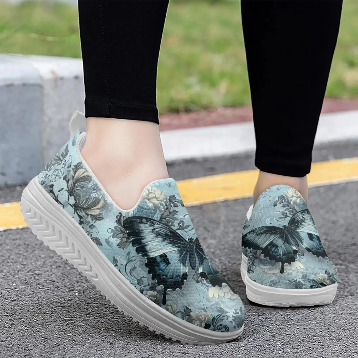 Forchrinse Womens Sneakers Slip On Wedges Shoes Comfortable Low Top Walking Shoes Breathable Thick Rocker Bottom Shoe