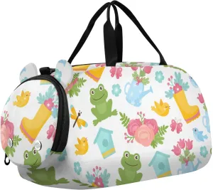 Frog Dragonfly and Nesting Box Gym Travel Duffel Bag with Shoe Compartment for Boys Girls - Gymnastics Sports Dance Football Travel Bag Teens Weekender Sleepover