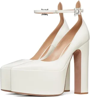 FSJ Women Pointed Toe Chunky Heel Ankle Strap Pumps High Platform Block Heel with Rhinestone Buckle Shoes Size 4-15 US
