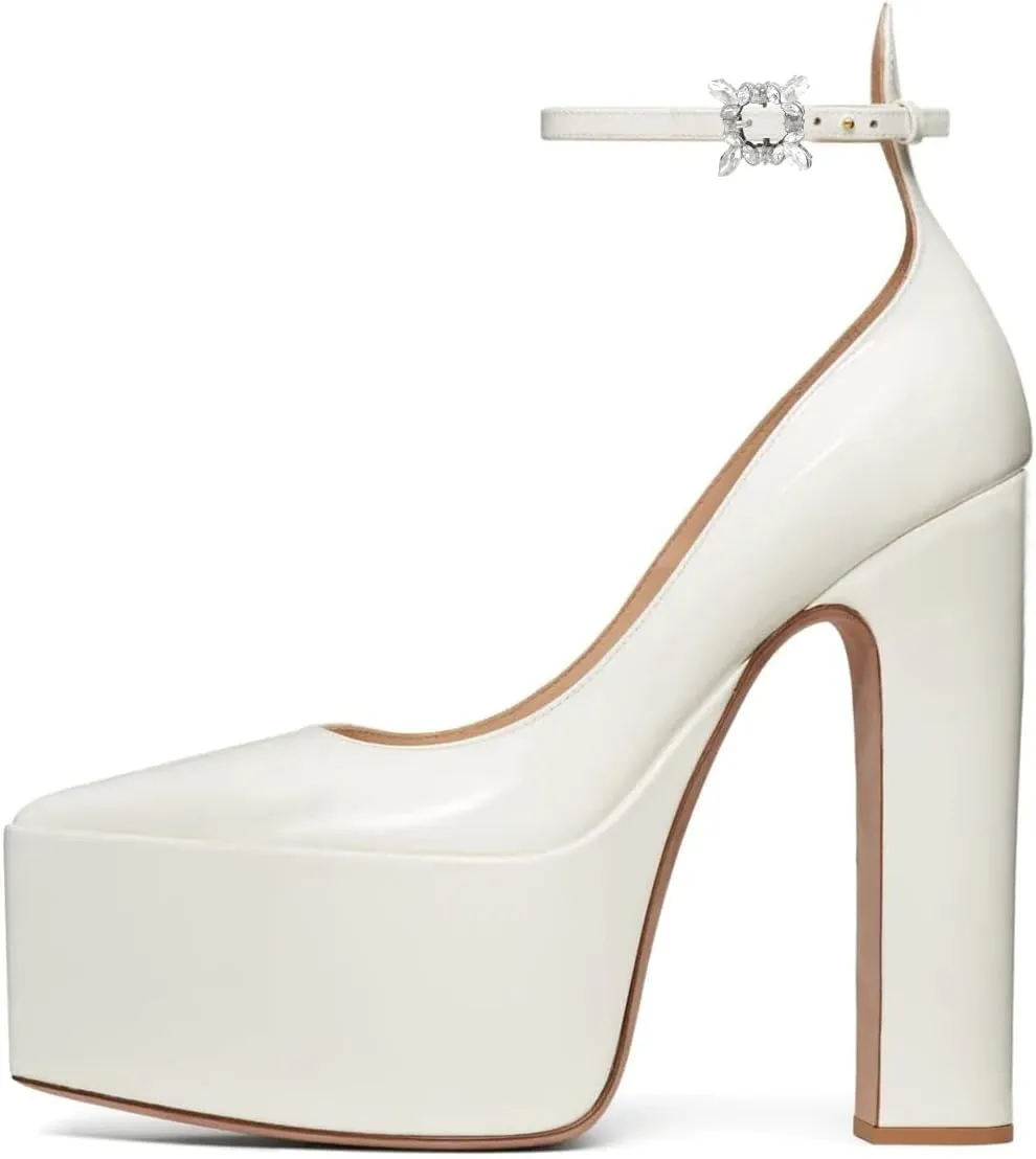 FSJ Women Pointed Toe Chunky Heel Ankle Strap Pumps High Platform Block Heel with Rhinestone Buckle Shoes Size 4-15 US