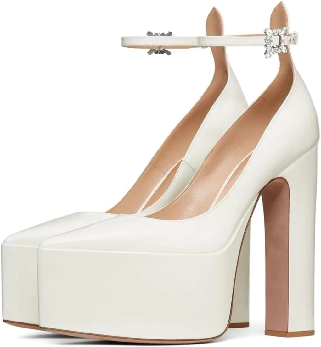 FSJ Women Pointed Toe Chunky Heel Ankle Strap Pumps High Platform Block Heel with Rhinestone Buckle Shoes Size 4-15 US