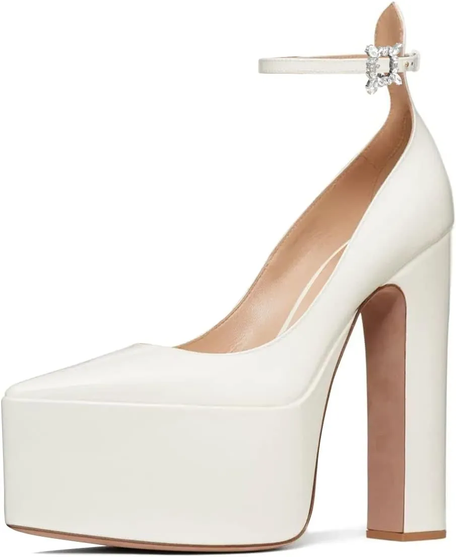 FSJ Women Pointed Toe Chunky Heel Ankle Strap Pumps High Platform Block Heel with Rhinestone Buckle Shoes Size 4-15 US