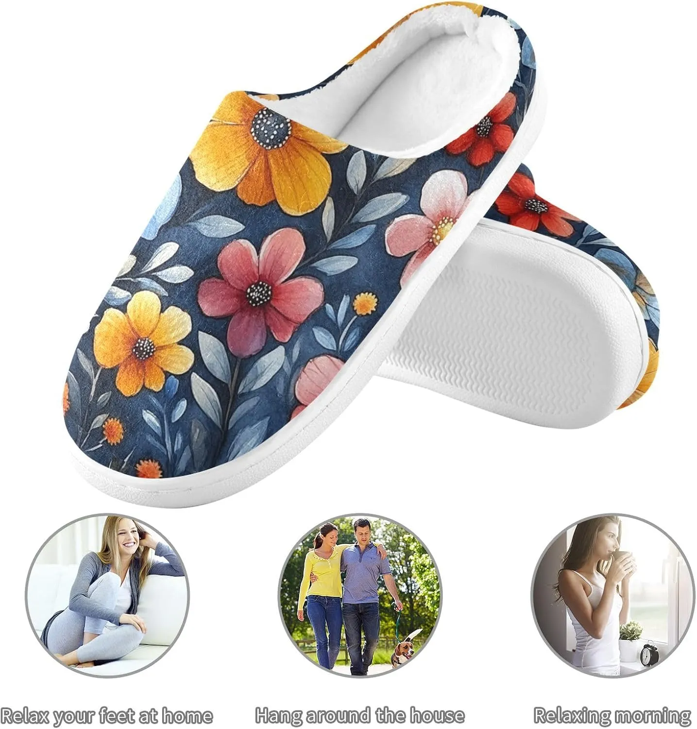 Funny Pampas Rustic Floral Cozy Furry House Slippers Winter Slippers with Memory Foam for Girls Home 6-7