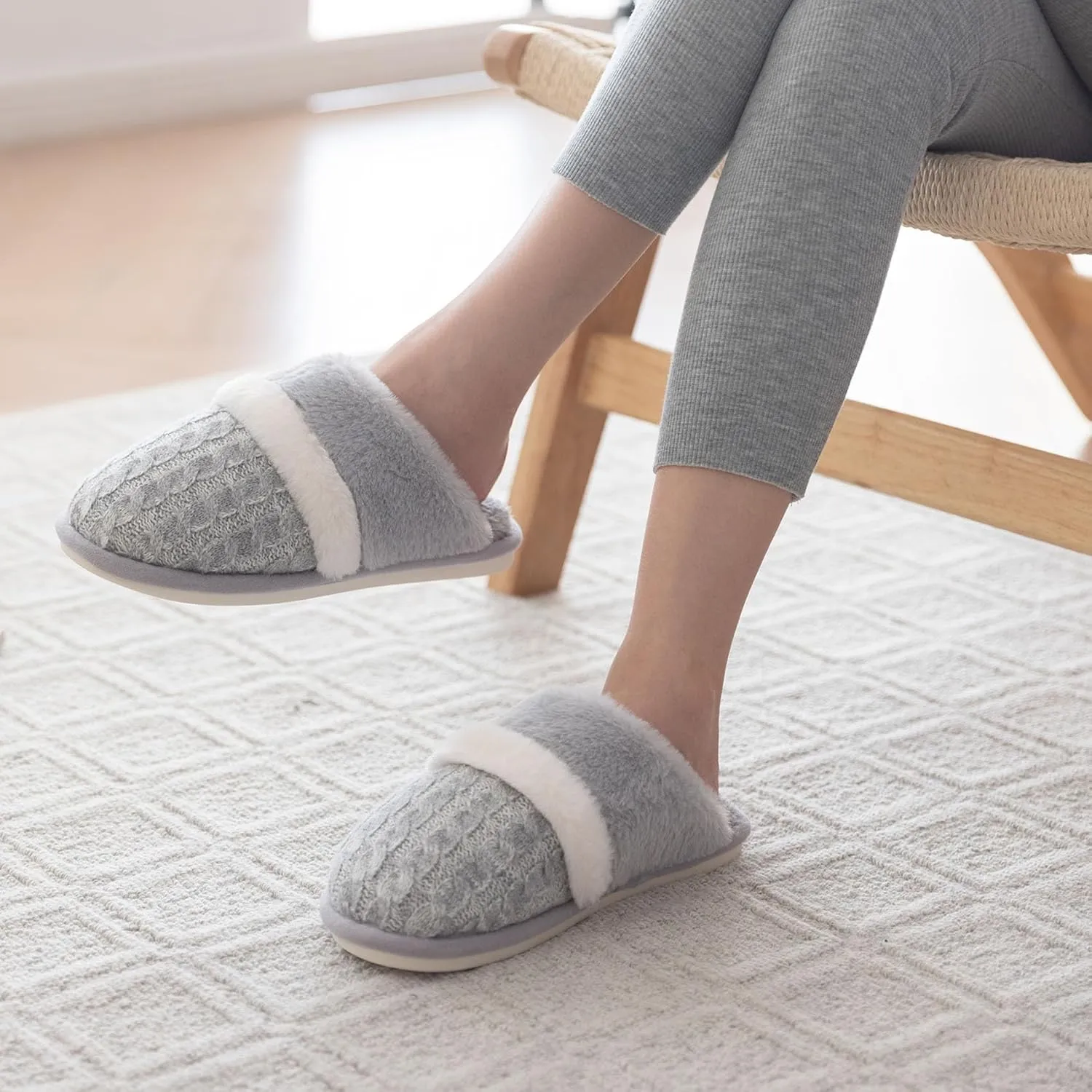 Fuzzy Slippers for Women Indoor and Outdoor Cozy Soft Women's Slipper Knit House Shoes with Memory Foam Anti-Skid Sole Gifts for Womens Mom Her Ladies
