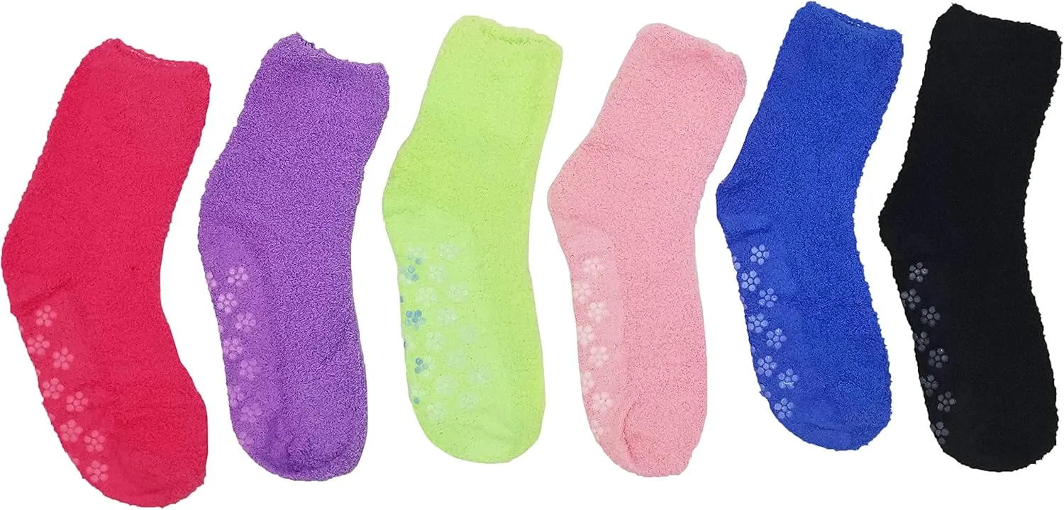 Fuzzy Socks Non Skid, 6 Pairs for Women, Warm, Soft Furry Microfiber, Comfortable, Cozy, Bulk Pack