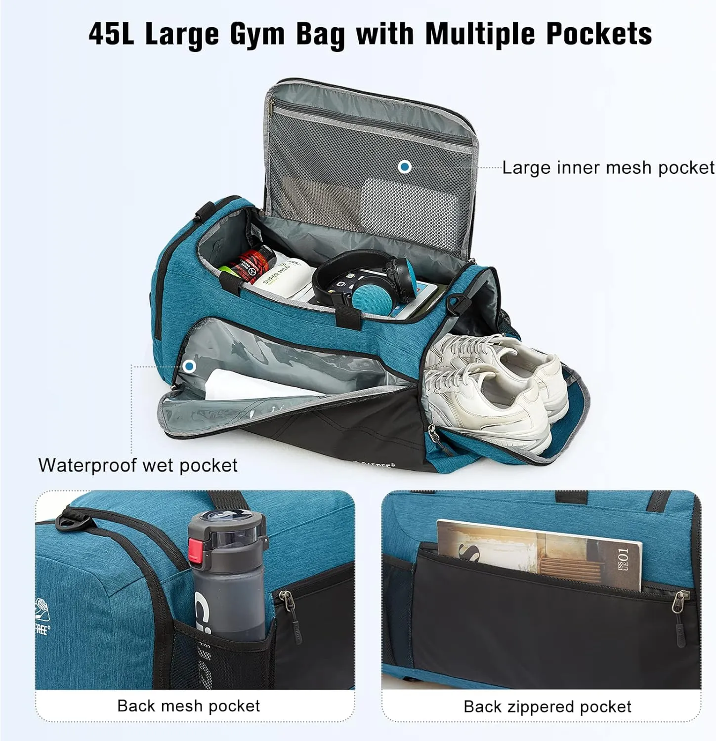 G4Free 45L/60L 3-Way Duffle Backpack Gym Bag with Wet Pocket & Shoes Compartment Sports Travel Weekender Overnight Duffel Bag