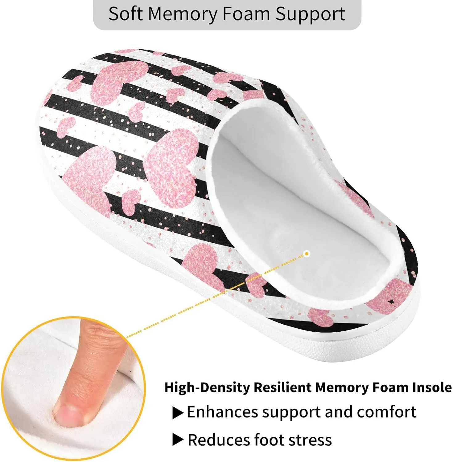 GAIGEO Women Slippers Chic Love Stripe Black White, Memory Foam Slippers Men for Indoor Bedroom, Warm Winter House Shoes