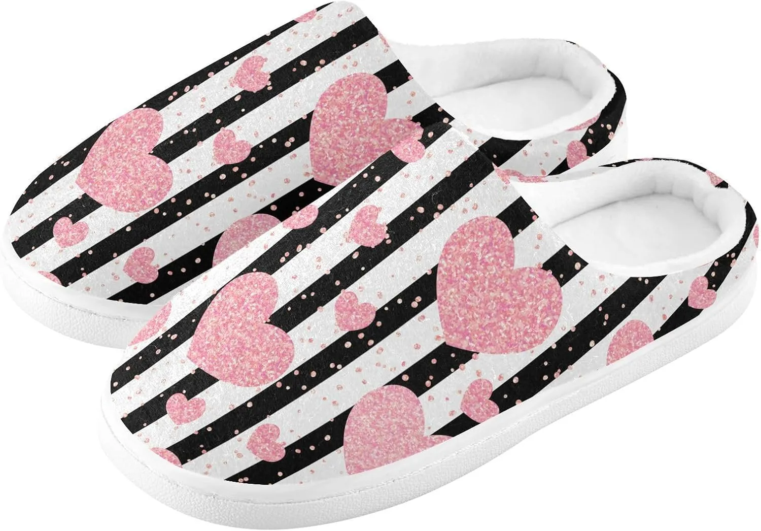 GAIGEO Women Slippers Chic Love Stripe Black White, Memory Foam Slippers Men for Indoor Bedroom, Warm Winter House Shoes