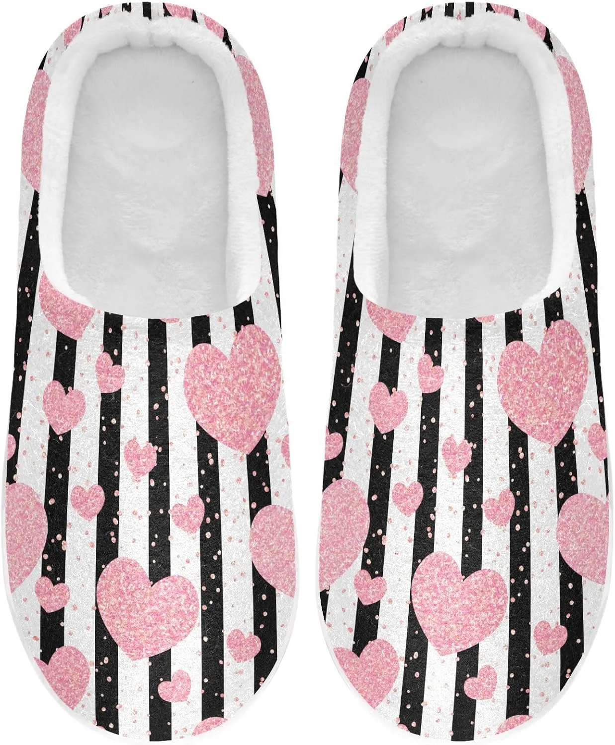 GAIGEO Women Slippers Chic Love Stripe Black White, Memory Foam Slippers Men for Indoor Bedroom, Warm Winter House Shoes