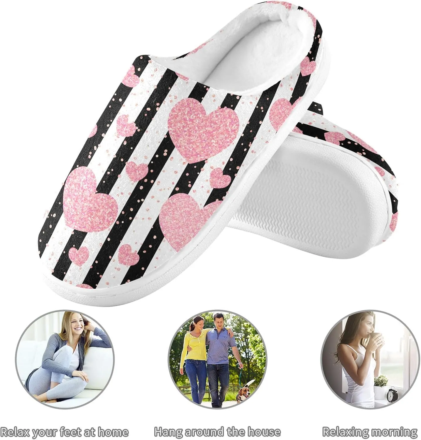 GAIGEO Women Slippers Chic Love Stripe Black White, Memory Foam Slippers Men for Indoor Bedroom, Warm Winter House Shoes