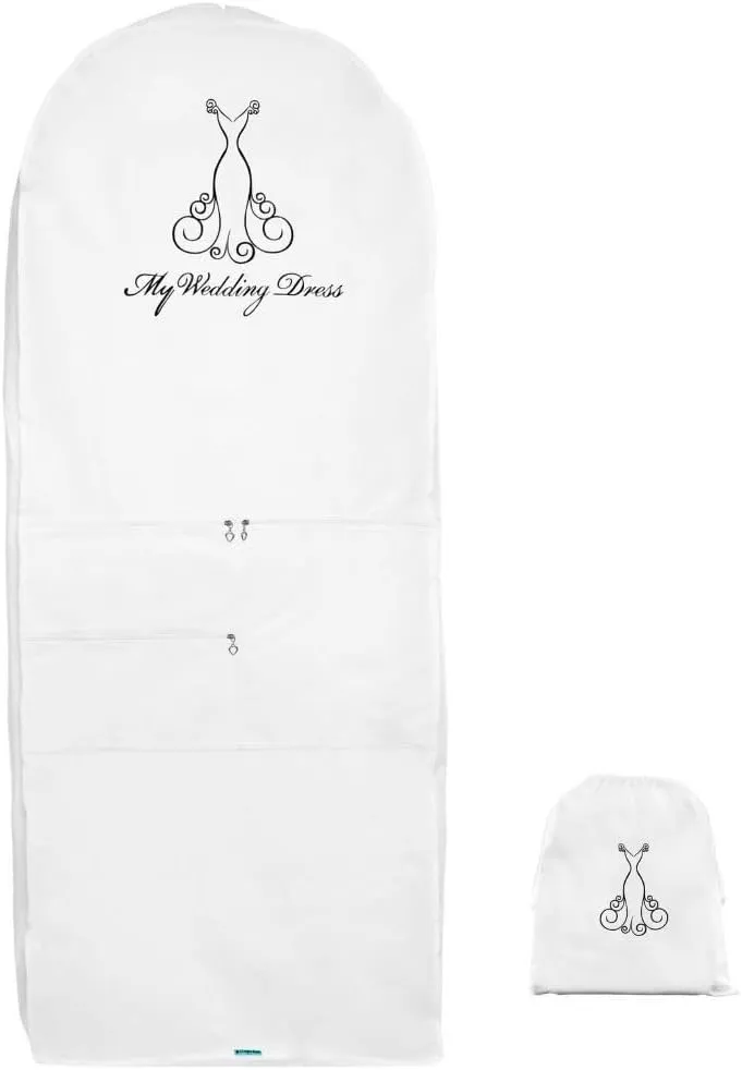 Garment Bag for Wedding Dress-Bridal Cover for Your Long Evening Gown Perfect for Storage & Travel Easy Access Zipper & Gusset 3 Pockets for Accessories including Shoe Bag – 69X28 Inches