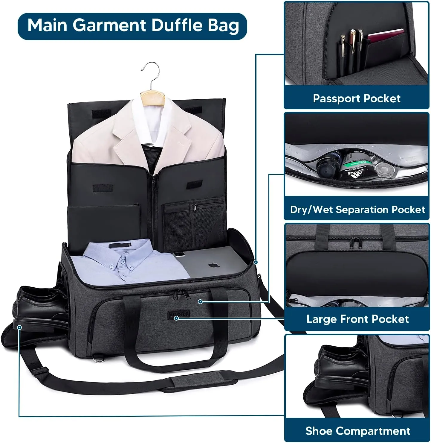 Garment Bags for Travel, Convertible Garment Duffle Bag for Men Women, Carry On Garment Bag Backpack, 4 in 1 Travel Suit Bag with Shoe Compartment, Large Weekender Bag