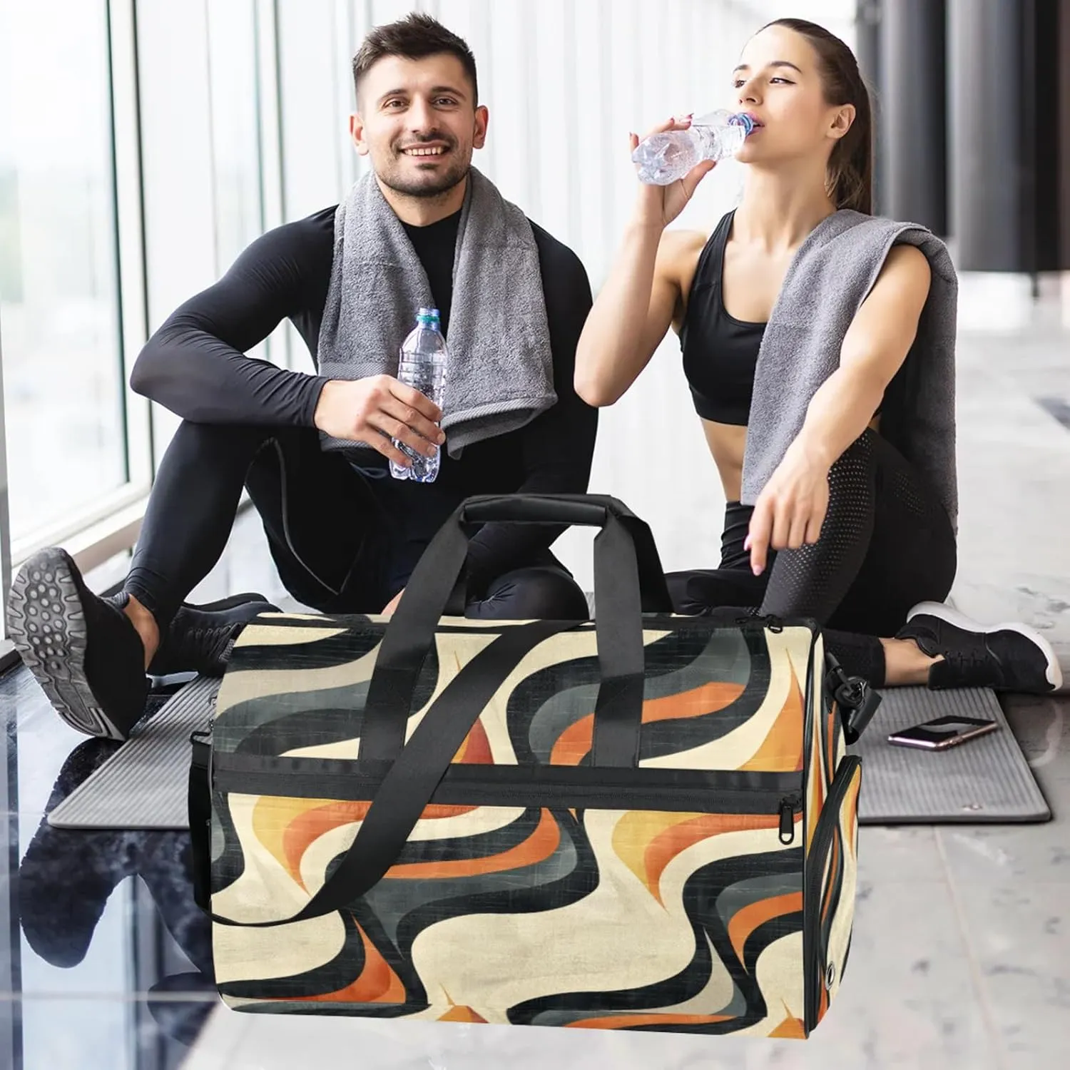 Geometry Gym Bags for Men Women, 43L Medium Sports Wave Pattern Travel Duffel Bag for Men with Shoe Compartment,Carry on Bags for Airplanes Women