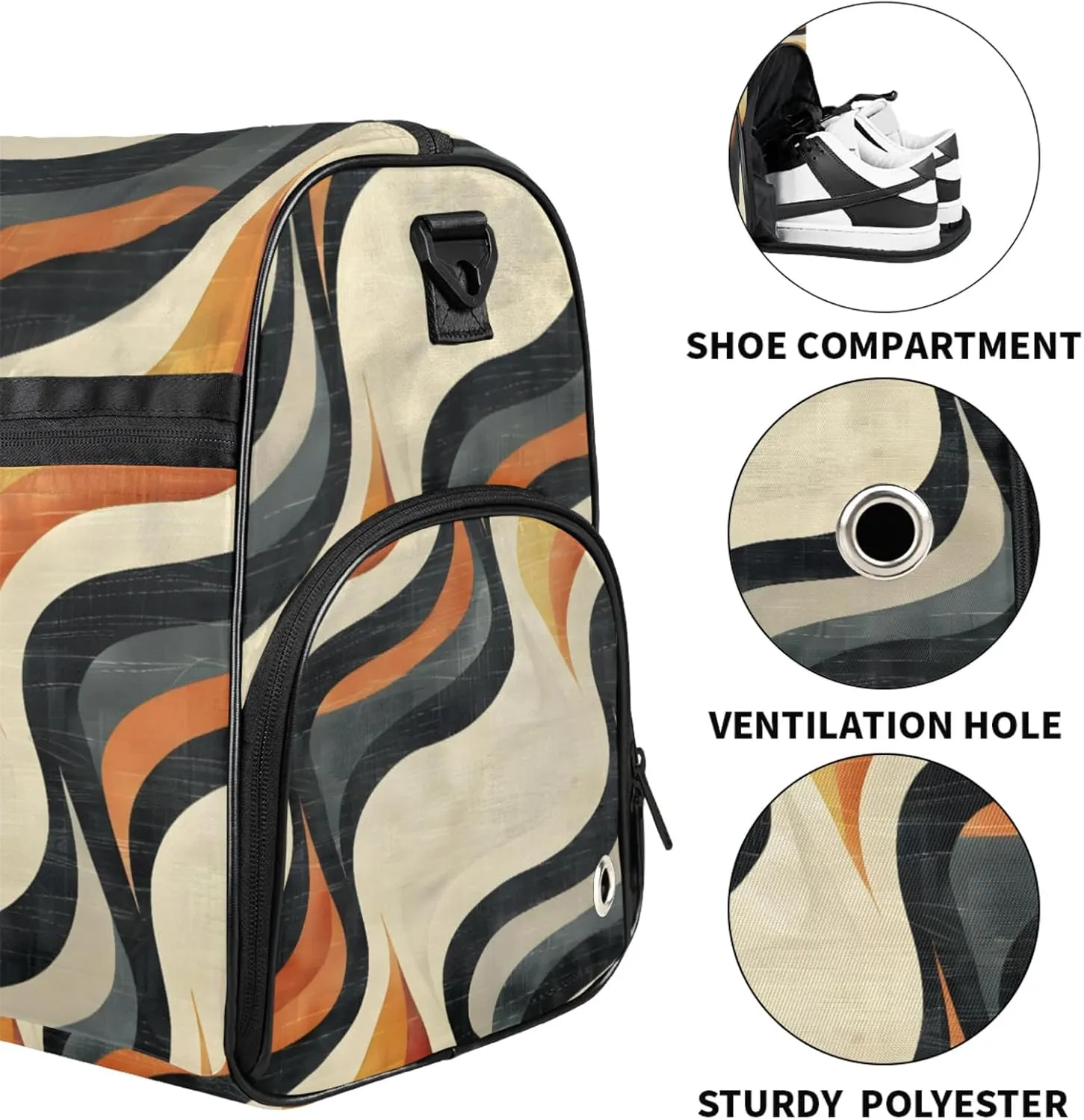 Geometry Gym Bags for Men Women, 43L Medium Sports Wave Pattern Travel Duffel Bag for Men with Shoe Compartment,Carry on Bags for Airplanes Women
