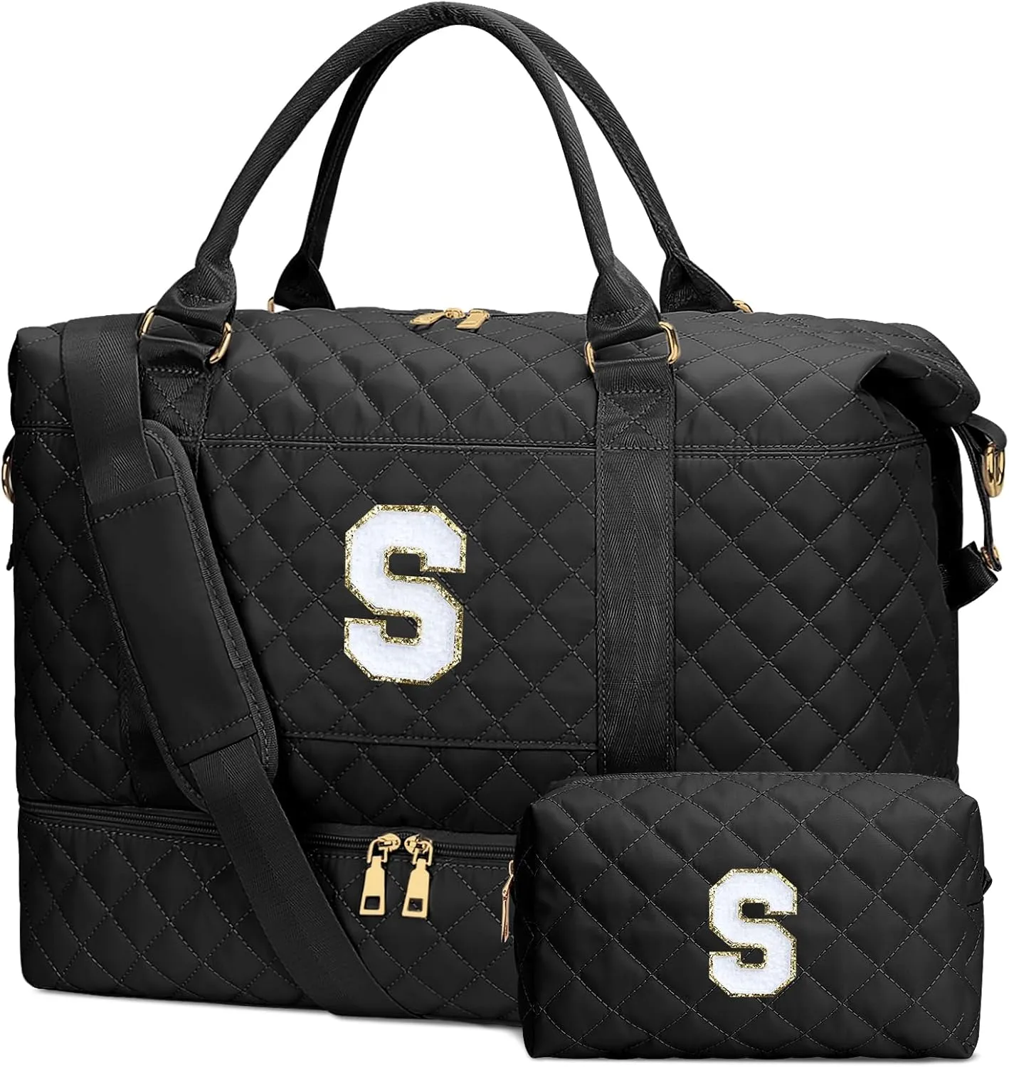 Gifts for Women Initial Travel Duffle Bag Quilted Weekender Carry-On Overnight with Cosmetic Bag, Gym Bag with Shoe Compartment Hospital Bag for Labor Delivery, Black S