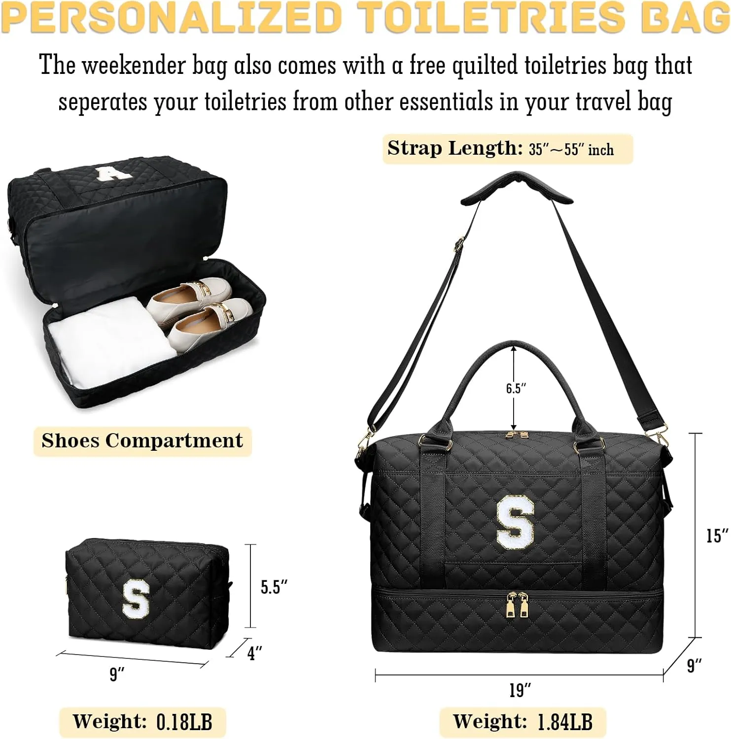Gifts for Women Initial Travel Duffle Bag Quilted Weekender Carry-On Overnight with Cosmetic Bag, Gym Bag with Shoe Compartment Hospital Bag for Labor Delivery, Black S