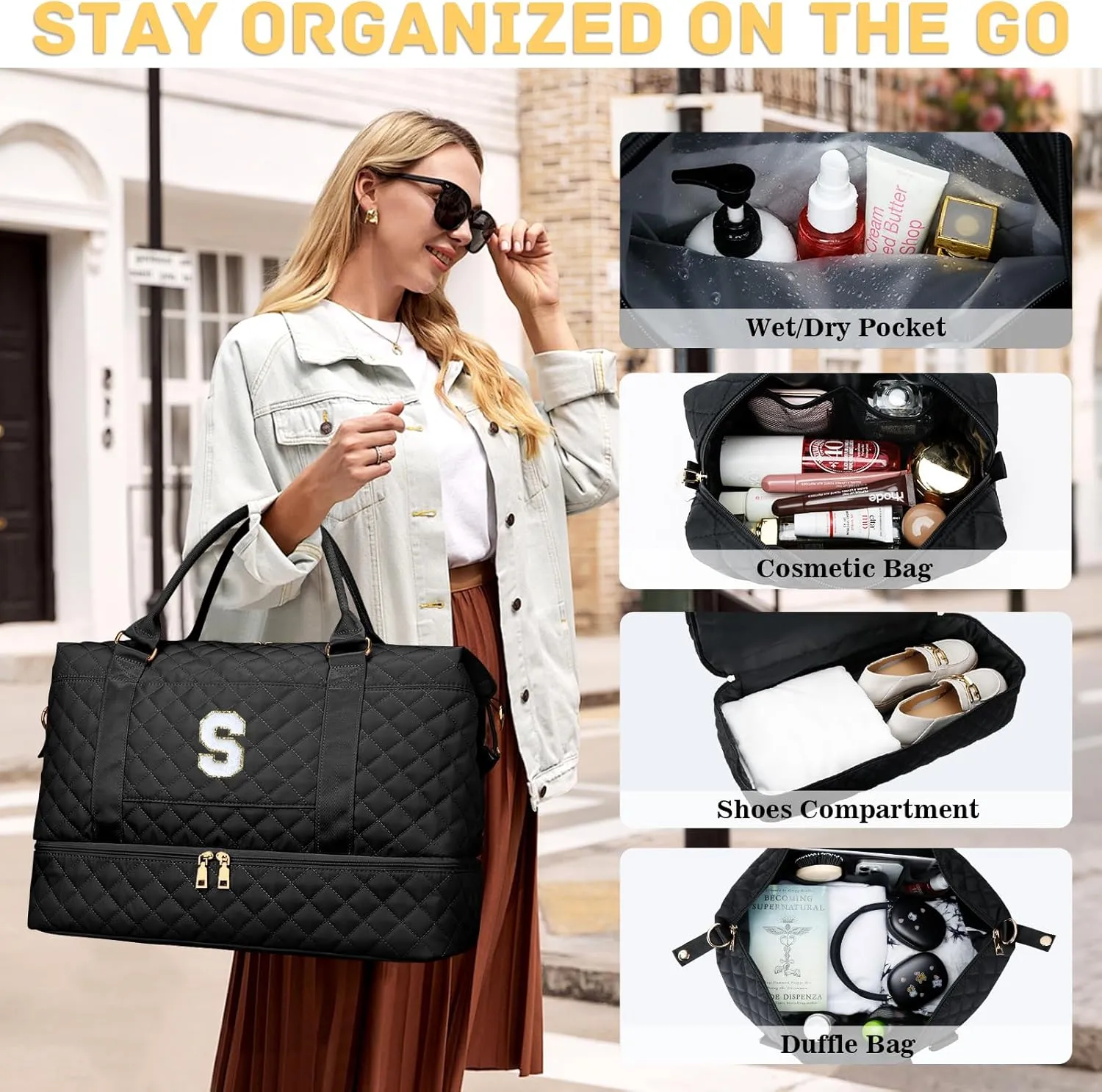 Gifts for Women Initial Travel Duffle Bag Quilted Weekender Carry-On Overnight with Cosmetic Bag, Gym Bag with Shoe Compartment Hospital Bag for Labor Delivery, Black S