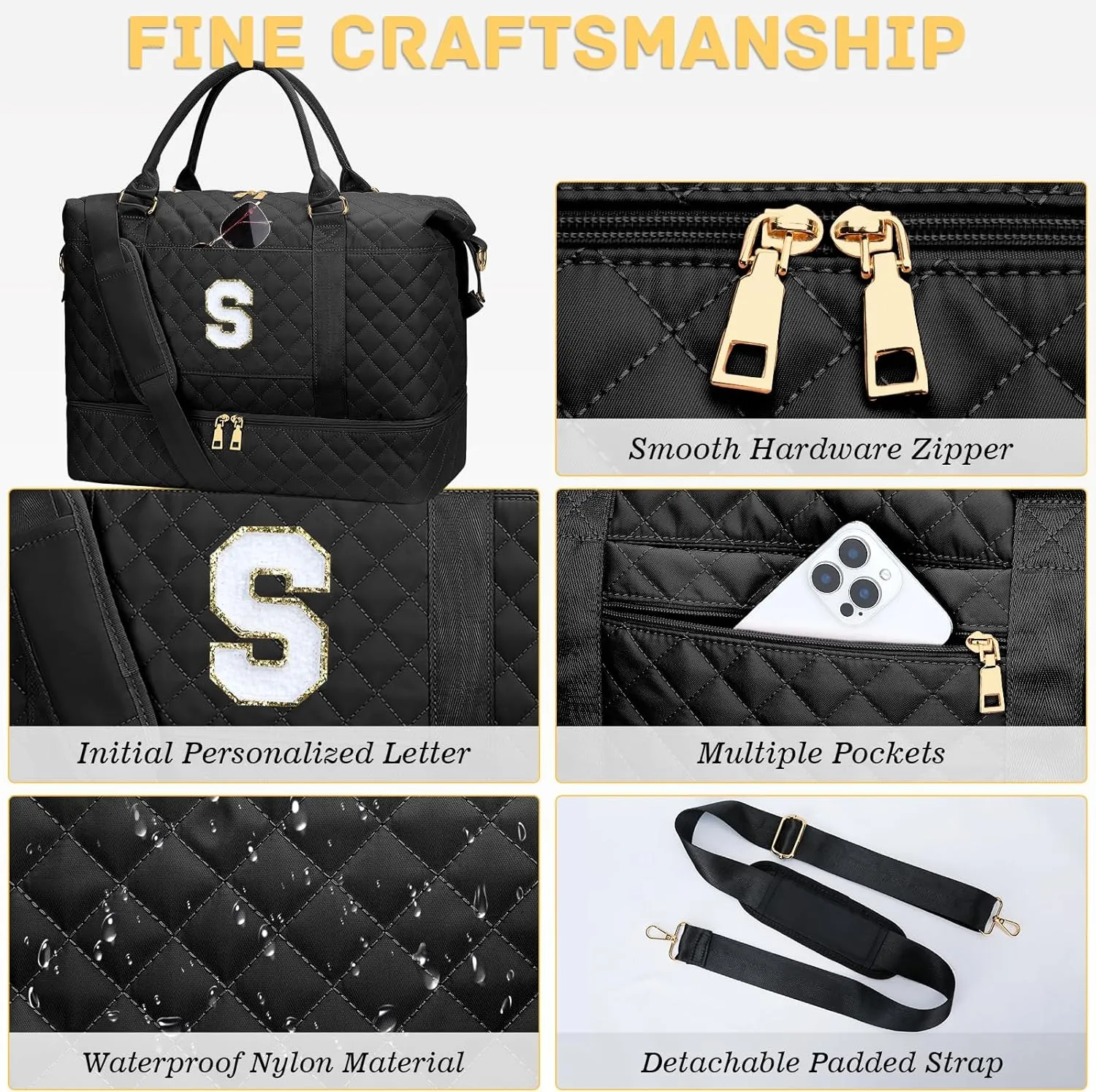 Gifts for Women Initial Travel Duffle Bag Quilted Weekender Carry-On Overnight with Cosmetic Bag, Gym Bag with Shoe Compartment Hospital Bag for Labor Delivery, Black S