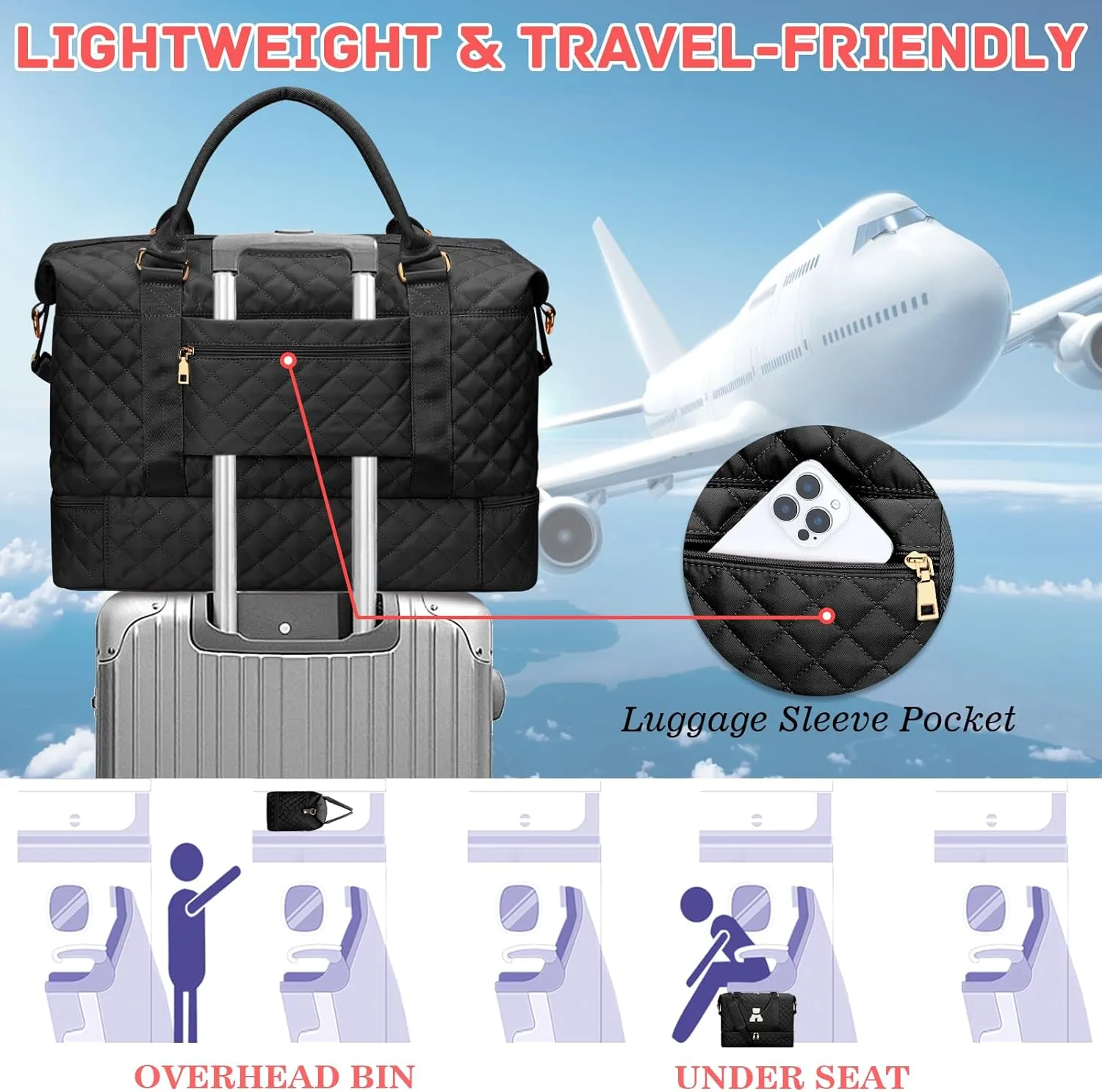 Gifts for Women Initial Travel Duffle Bag Quilted Weekender Carry-On Overnight with Cosmetic Bag, Gym Bag with Shoe Compartment Hospital Bag for Labor Delivery, Black S
