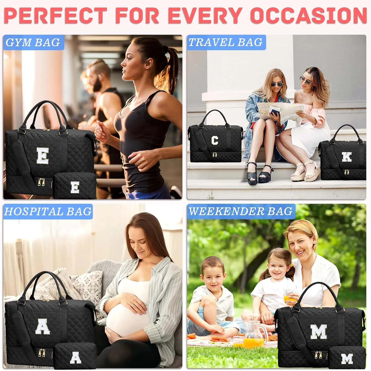 Gifts for Women Initial Travel Duffle Bag Quilted Weekender Carry-On Overnight with Cosmetic Bag, Gym Bag with Shoe Compartment Hospital Bag for Labor Delivery, Black S