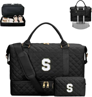 Gifts for Women Initial Travel Duffle Bag Quilted Weekender Carry-On Overnight with Cosmetic Bag, Gym Bag with Shoe Compartment Hospital Bag for Labor Delivery, Black S