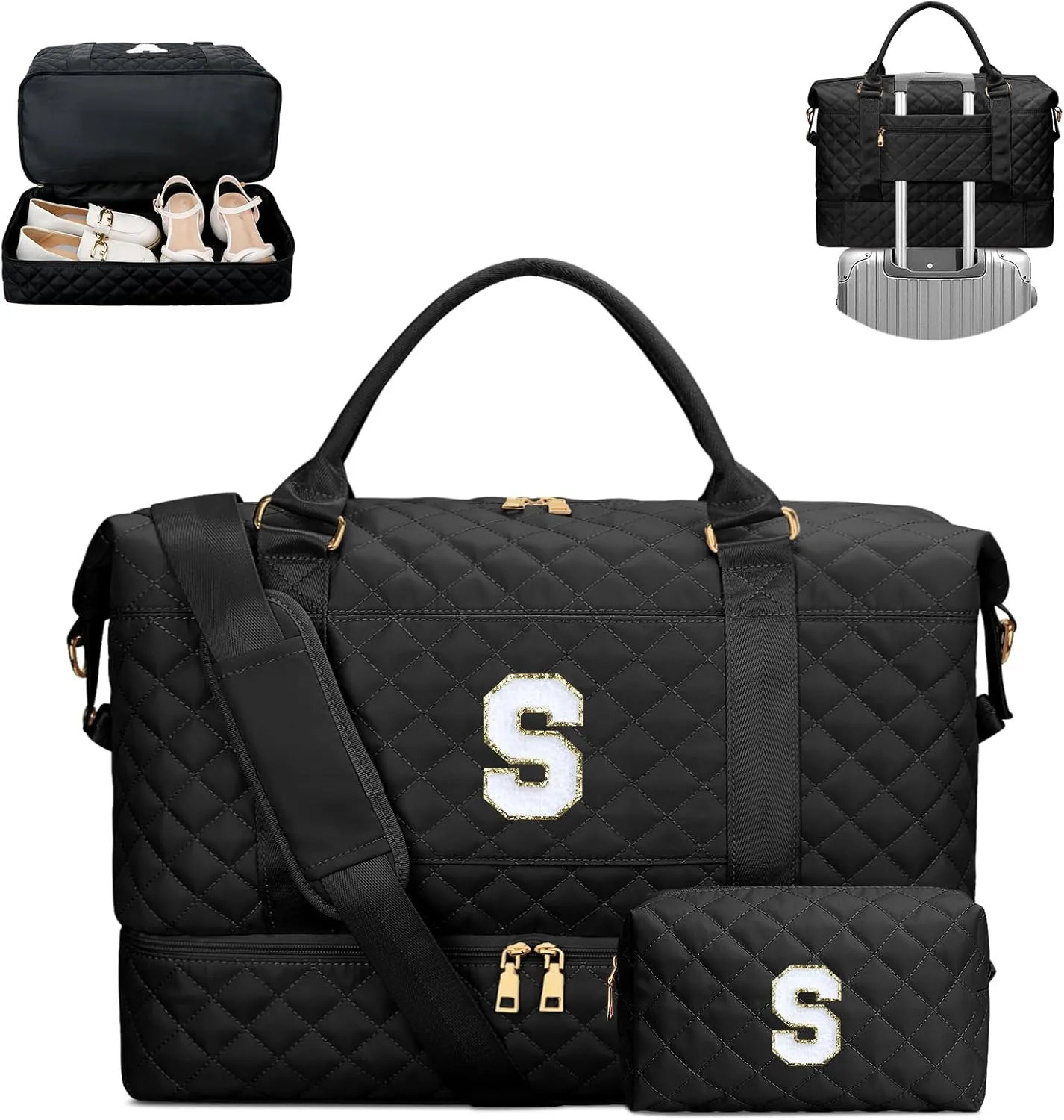 Gifts for Women Initial Travel Duffle Bag Quilted Weekender Carry-On Overnight with Cosmetic Bag, Gym Bag with Shoe Compartment Hospital Bag for Labor Delivery, Black S