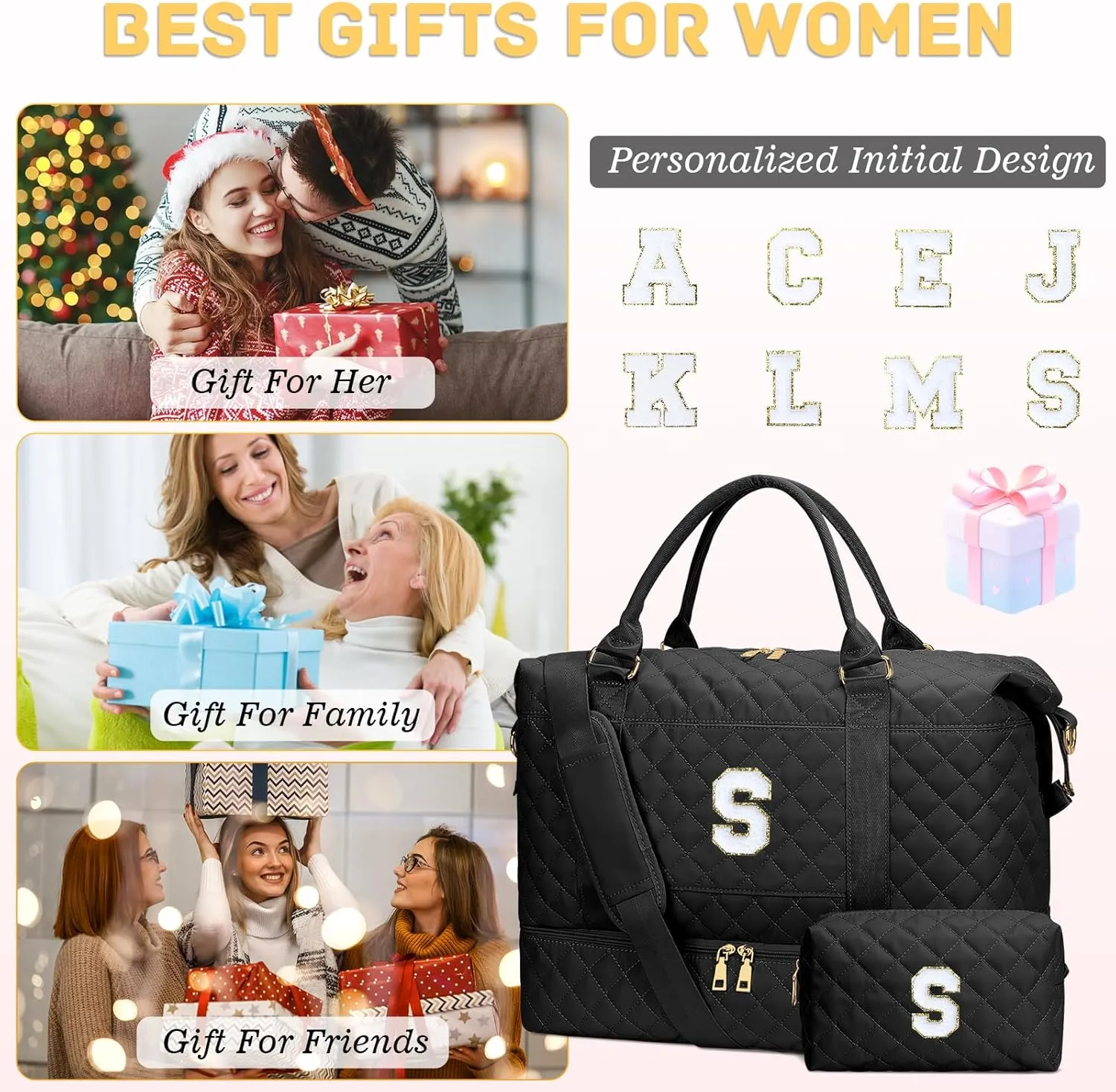 Gifts for Women Initial Travel Duffle Bag Quilted Weekender Carry-On Overnight with Cosmetic Bag, Gym Bag with Shoe Compartment Hospital Bag for Labor Delivery, Black S