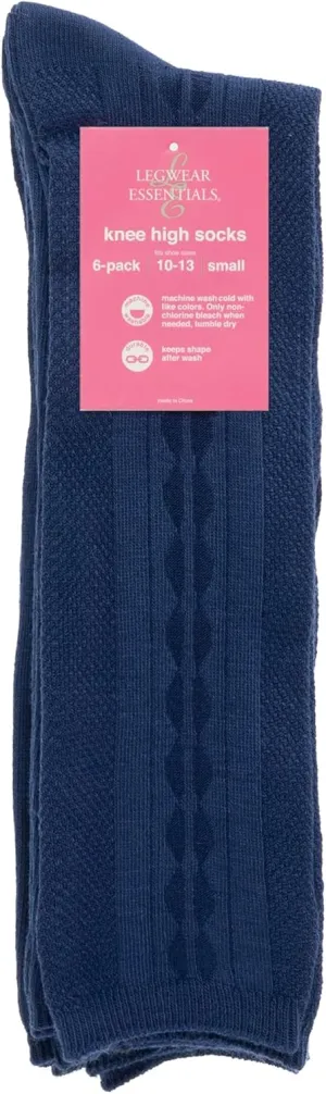 Girls 6 Pair Pack Unisex Soft Uniform Cable Dress Knee High Socks Comfort Seam Toe White or Navy Sizes Small to Large